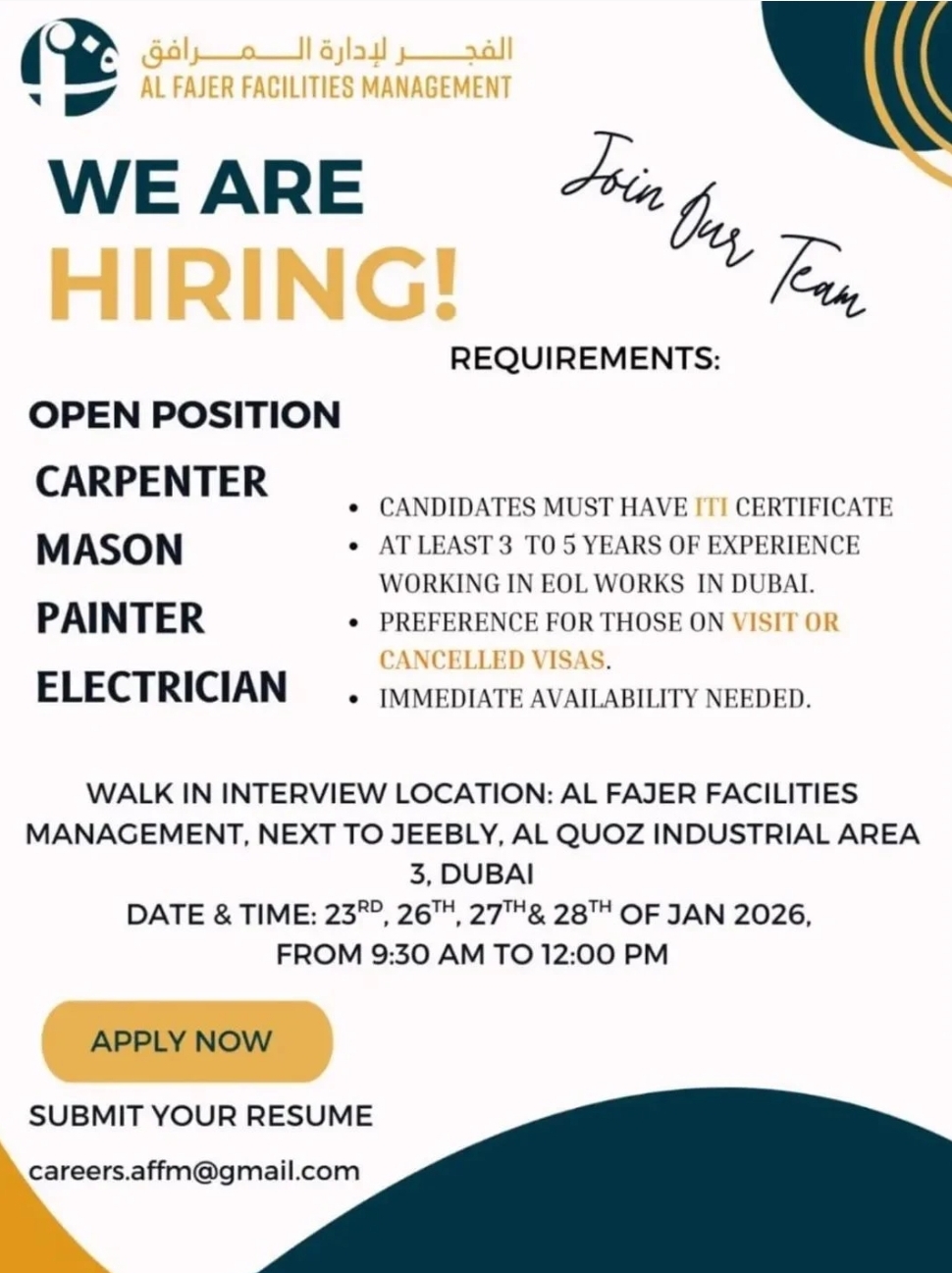 HIRING  CARPENTER,  MANSON, PAINTER, ELECTRICIAN IN DUBAI